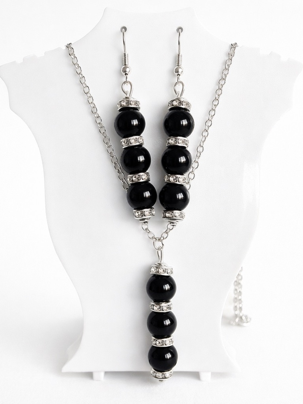 Black Beaded Statement Necklace & Earrings Set Silver Tone Rhinestone Handmade